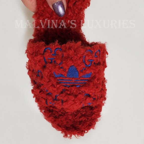 GUCCI SHOES ADIDAS TREFOIL GG LOGO SHEARLING EFFECT SLIDE SANDALS sz 39.5 9.5 - Picture 12 of 16